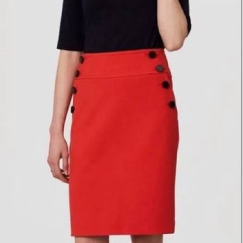 LOFT Red Button-Detail Pencil Skirt